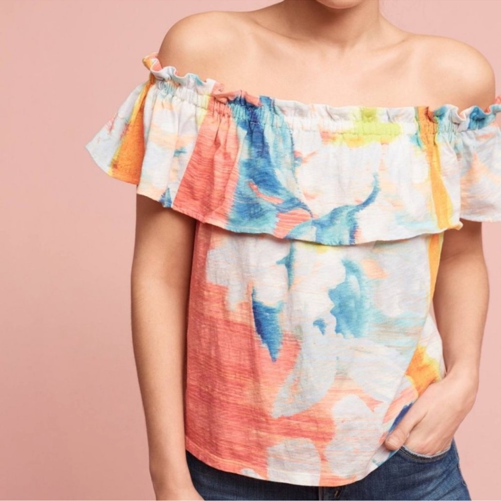 Anthropologie Meadow Rue Effervesce Watercolor Off the Shoulder Top